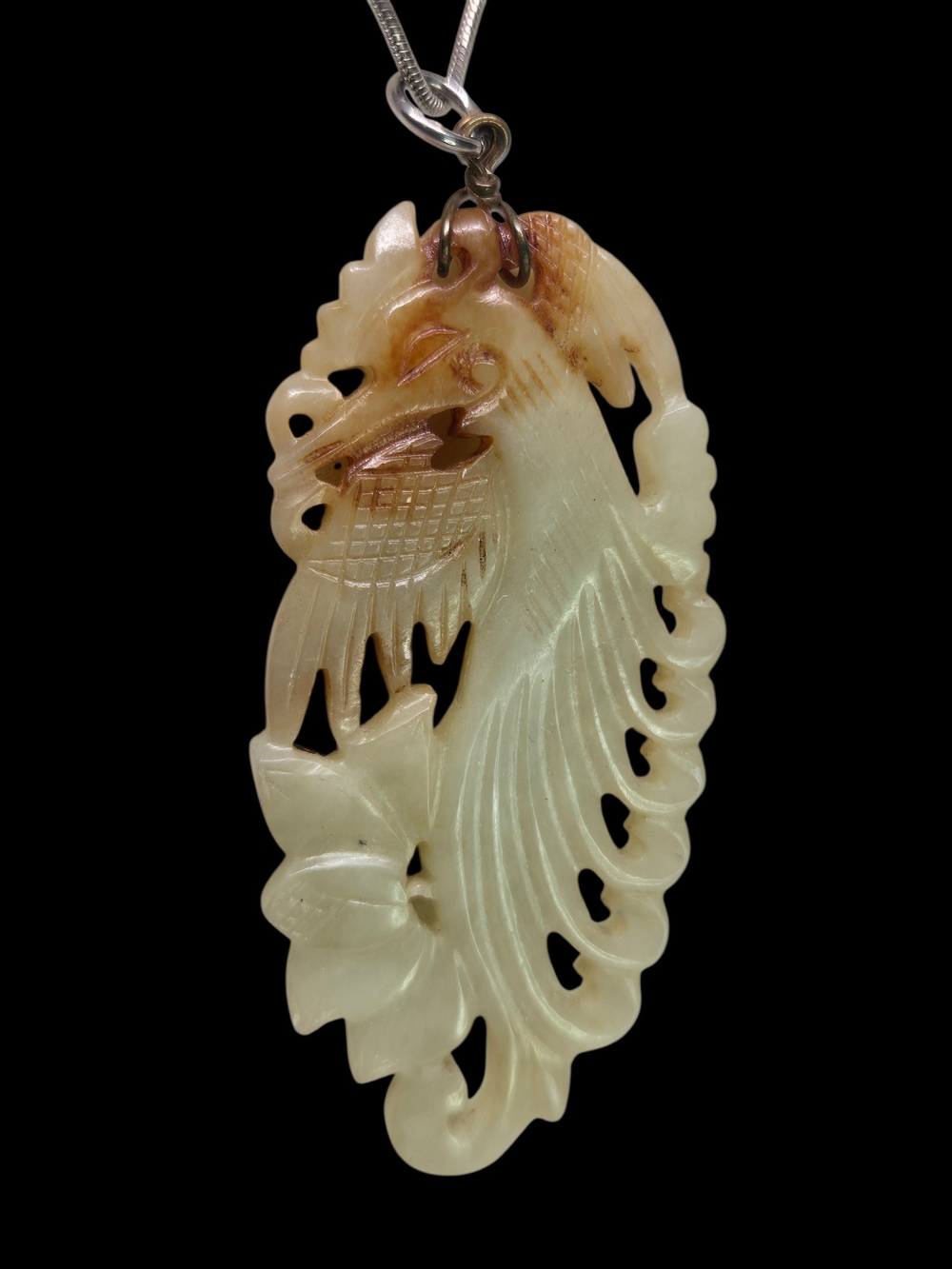 Carved Jade Bird Pendant 925 Sterling Silver Necklace - Picture 2 of 8